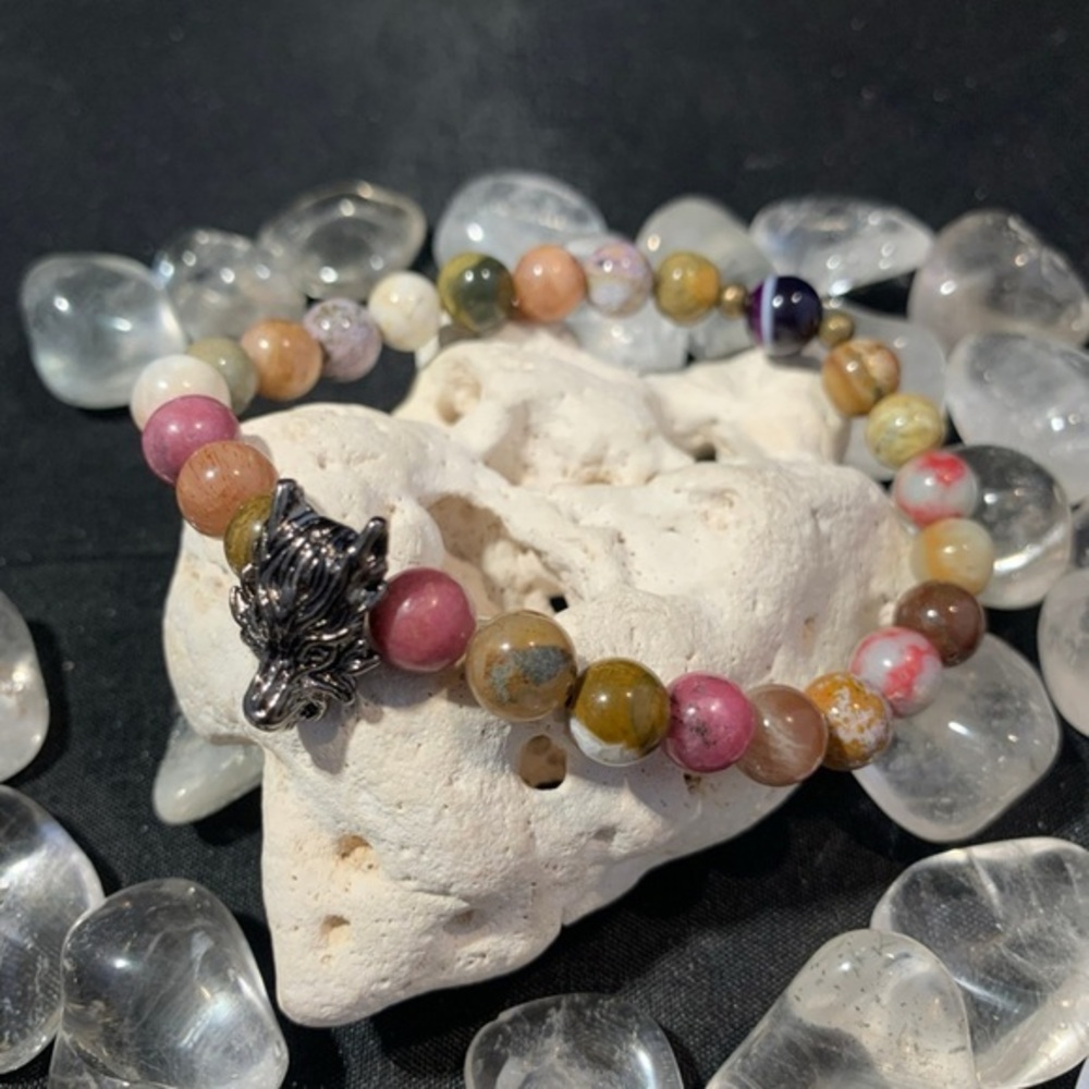 Multi-Colored All Chakra Stretch Elastic Wolf Bracelet